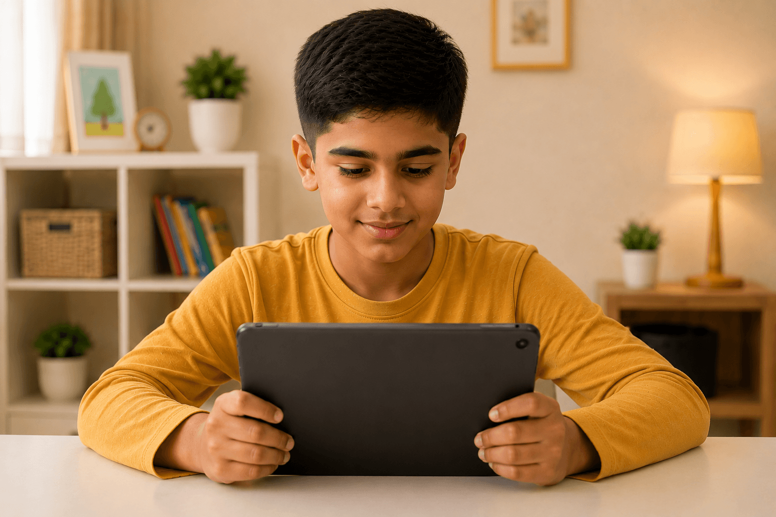 A teenager practising on a tablet at a desk in a calm room